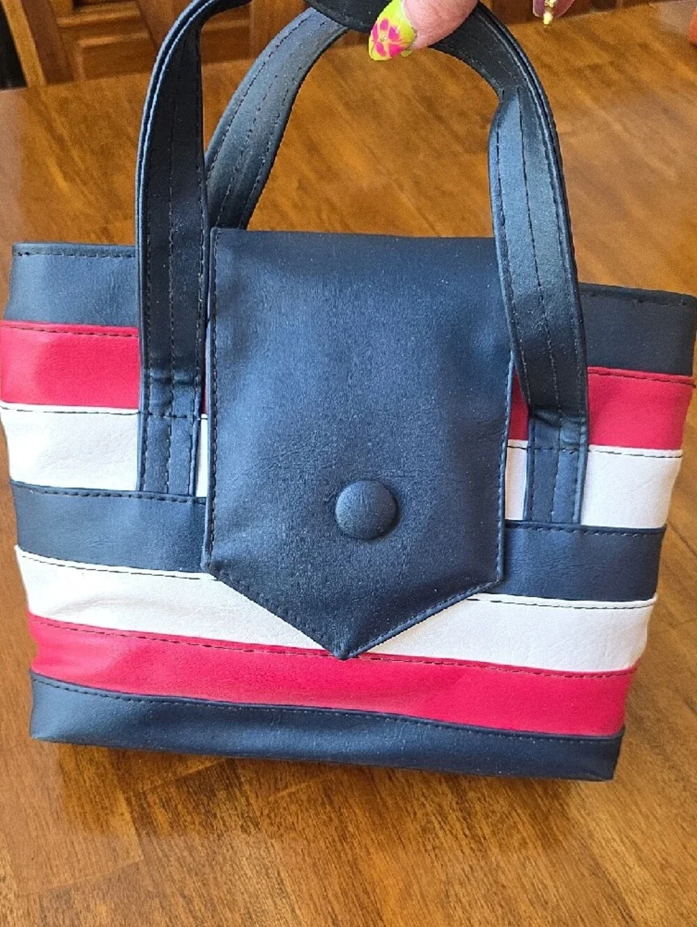 Vintage 1970s Naugahyde Striped Navy, Red & White Women’s Top-Handle Granny Bag